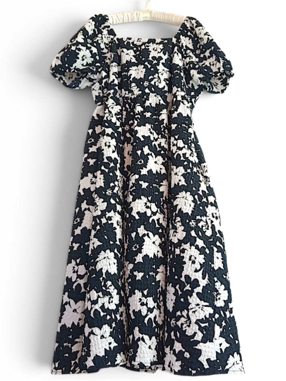 Time n Tru Smocked Blank White Floral Back Tie Midi Dress puff sleeves romantic
